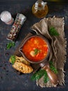 Spicy tomato soup with meatballs, pasta and vegetables. Healthy dinner. Royalty Free Stock Photo