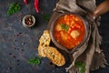 Spicy tomato soup with meatballs, pasta and vegetables. Healthy dinner. Royalty Free Stock Photo