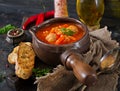 Spicy tomato soup with meatballs, pasta and vegetables. Royalty Free Stock Photo