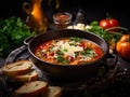 Spicy traditional italian minestrone soup. Tasty spicy soup with vegetables, pasta, beans in black bowl. Royalty Free Stock Photo