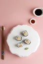 Spicy Tuna Roll Toro Maki Sushi with Wasabi, Soy Sauce, and Chilli Powder Royalty Free Stock Photo