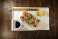 Spicy tuna roll with wasabi, ginger and soy sauce Royalty Free Stock Photo