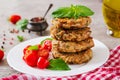 Spicy vegan burgers with rice, chickpeas and herbs.