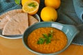 Spicy vegetarian red lentil soup, healthy comfort food Royalty Free Stock Photo