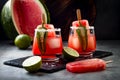 Spicy watermelon popsicle margarita cocktail with jalapeno and lime. Mexican alcoholic drink for Cinco de mayo party.