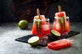 Spicy watermelon popsicle margarita cocktail with jalapeno and lime. Mexican alcoholic drink for Cinco de mayo party.