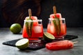 Spicy watermelon popsicle margarita cocktail with jalapeno and lime. Mexican alcoholic drink for Cinco de mayo party.