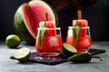 Spicy watermelon popsicle margarita cocktail with jalapeno and lime. Mexican alcoholic drink for Cinco de mayo party. Royalty Free Stock Photo
