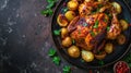 Spicy whole roasted chicken with potatoes, presented on a plate, dark background, Ai Generated