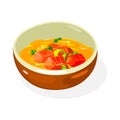 Spicy yellow sauce with chopped tomatoes, scallions, greenery is in brown bowl. Korean cuisine dish.