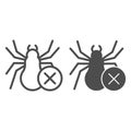 Spider and ban symbol line and solid icon, pest control concept, anti tarantula sign on white background, no spiders
