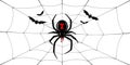 Spider Black Widow, cobweb, bats. Red black spider 3D, spiderweb, isolated white background. Scary Halloween decoration