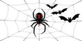Spider Black Widow, cobweb, bats. Red black spider 3D, spiderweb, isolated white background. Scary Halloween decoration Royalty Free Stock Photo