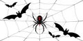 Spider Black Widow, cobweb, bats. Red black spider 3D, spiderweb, isolated white background. Scary Halloween decoration Royalty Free Stock Photo