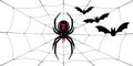 Spider Black Widow, cobweb, bats. Red black spider 3D, spiderweb, isolated white background. Scary Halloween decoration Royalty Free Stock Photo