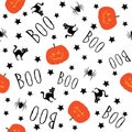 Spider, cat and handwritten boo helloween pattern. Seamless repeat pattern for october holidays for print and textile design. Vect