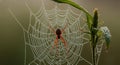 A spider is centered on a circular web, intricately woven and covered in dewdrops, Royalty Free Stock Photo