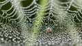 A spider, covered in dew, rests on an intricately woven web adorned with numerous dew droplets. The Royalty Free Stock Photo