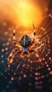 Spider crawls on a dewy web, silhouetted against a sunset Royalty Free Stock Photo