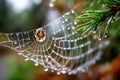 Spider on a Dew Covered Web in the Forest Royalty Free Stock Photo