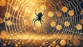 spider on a dew-covered web with a golden bokeh background