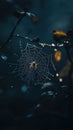 Spider on dew-covered web in moody forest setting Royalty Free Stock Photo
