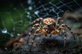 A spider entangled its own web. Close up, macro shot