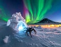 Spider in front of an igloo with Aurora Borealis Royalty Free Stock Photo