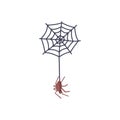 Spider hanging on web. Cute and spooky arachnid making net. Creepy Halloween spiderweb in doodle style. Flat vector Royalty Free Stock Photo