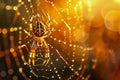 A spider on his web dripping with dewdrop against morning sunlight, close-up view