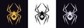 Spider logo with vampire skull and fangs. Golden, black and silver spider silhouette