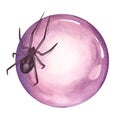 Spider on a magical crystal ball. Spiritual sense. Halloween watercolor illustration.