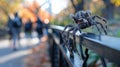 Spider making its home on a metal fence in a bustling city park, illustrating how wildlife adapts to urban landscapes Royalty Free Stock Photo