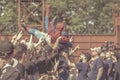 Spider-man crowdsurfing during a concert at a summer festival