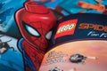 Spider man super hero and lego logo on Lego toys catalog