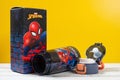 spider man water bottle for boy on a table