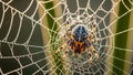 A spider sits in its dew covered orb web waiting for prey Royalty Free Stock Photo
