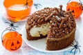 Spider nest cake decorated with chocolate spiders