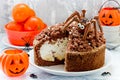Spider nest cake decorated with chocolate spiders