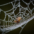 A spider is perched on a web intricately adorned with dewdrops Royalty Free Stock Photo