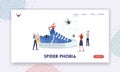 Spider Phobia Landing Page Template. Tiny Characters around Huge Sneaker, Frightened People Afraid Insect, Arachnophobia Royalty Free Stock Photo