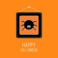 Spider in the picture frame. Happy Halloween card. Orange background Flat design