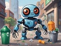 spider robot picks up bottles and puts them in city trash for the environment. Royalty Free Stock Photo