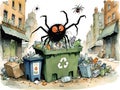 spider robot picks up bottles and puts them in city trash for the environment. Royalty Free Stock Photo
