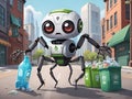spider robot picks up bottles and puts them in city trash for the environment. Royalty Free Stock Photo
