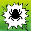 Spider sign illustration. Black Icon on white popart Splash at green background with white spots. Illustration Royalty Free Stock Photo