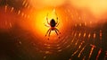 Spider silhouette in glowing web at sunset background Royalty Free Stock Photo