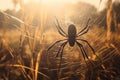 Spider sits in the middle of a web in the grass with the light of the sun. Generative AI