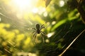 Spider sits in the middle of a web in the grass with the light of the sun. Generative A