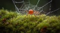 a spider sits on a mossy surface in front of a spider web